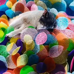 a cat sleeping on top of colored balles on the ground