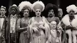an old photo of a group of people with hats,five drag ball members stand together in their costume