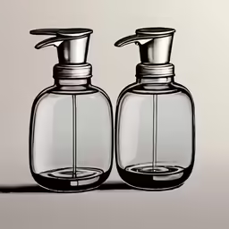 two soap dispensers are shown on a gray background