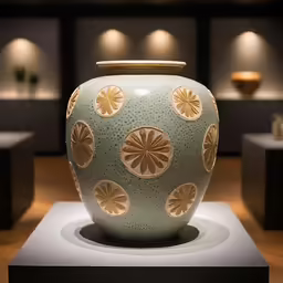 an oriental looking vase in a large museum with white shelves behind it