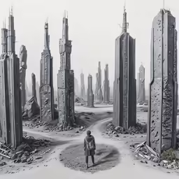 a man walking through a desert filled with tall buildings