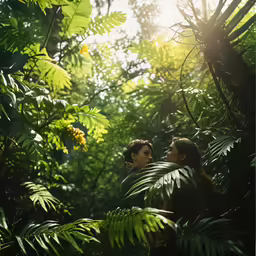 two people standing in the middle of lush green leaves