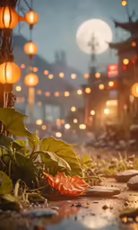night scene with lanterns and green plants in rain
