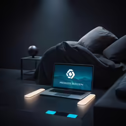 laptop computer sitting on top of a black table