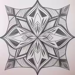 a drawing that resembles a star shaped object,a black and white drawing of an ornate flower