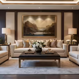 a living room filled with furniture and a large painting on the wall