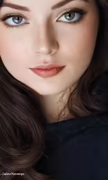 a woman with a coat on and long dark hair