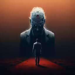 a photo of a man and a person with an iron mask over them