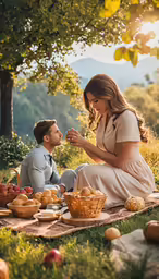 a man and woman are eating outside