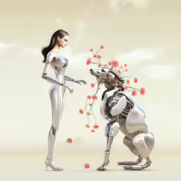 two robots looking at each other in the air,two futuristic people standing in front of an object