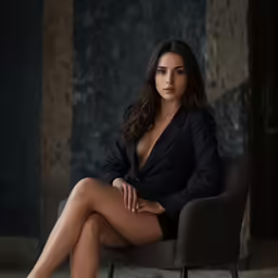 a beautiful woman sitting in a chair next to a wall