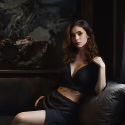 a girl is sitting on the couch posing for the camera