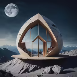 an unusual house made out of concrete and rocks in the mountains