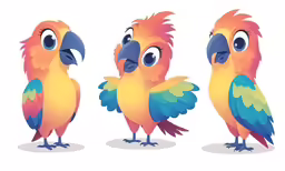 three different colored parrots with their eyes wide open