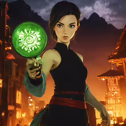 an animated character in a black and white dress holding a green frisbee,an animated character standing in front of a city at night