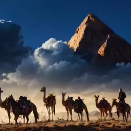 the herd of camels are walking down the desert towards a mountain