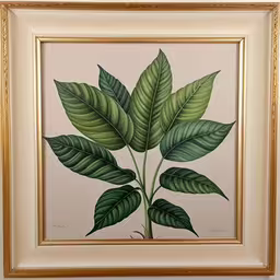 a painting of green leaves and brown leaves,a framed print of a green leafy plant