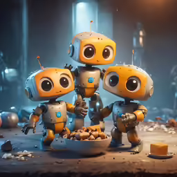 four robots are eating out of their bowls