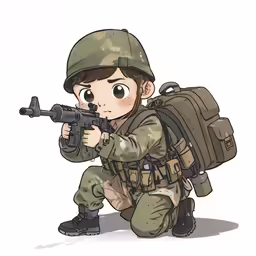 a young boy in uniform with a rifle on the ground