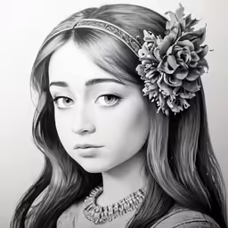 a black and white photo of a woman with flower in her hair