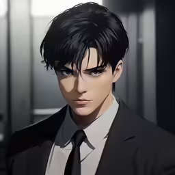 the character has black hair, wearing a suit and tie