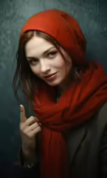 a girl wearing a red scarf and hood posing for the camera