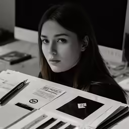 a woman with long hair sitting at a desk