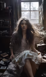 a woman sitting on a floor in a room with many books