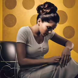 a woman sitting in a chair against a wall