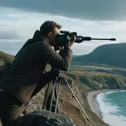 man taking pictures in the mountains with his tripod
