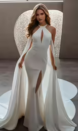 a sexy woman in a white gown posing