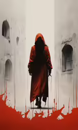man walking away from building covered in red stuff