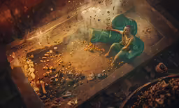 a man in green clothes is sitting on top of a container