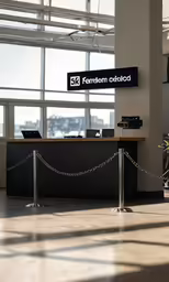 a black reception area and two chairs behind a chain