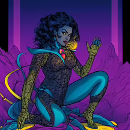 a lady with dark hair and stockings sitting in front of purple mountains