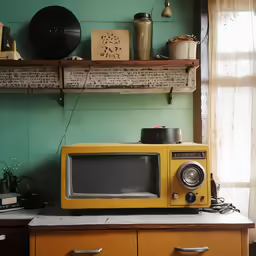 a microwave sits on a counter top