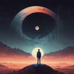 a person looking at the sun and the sky,a man standing on top of a hill under a sunset