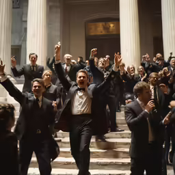 several people on the stairs clapping and dancing with each other