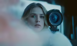 a beautiful blond woman holding a camera to take a photograph
