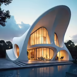 a white, curved building that looks like it has the large windows