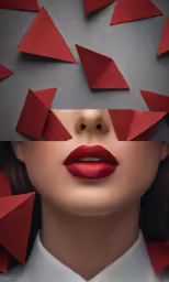 a woman is surrounded by many red pieces