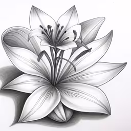 a drawing of a flower with two buds,black and white drawing of a lily flower