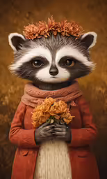 this little racoon is wearing a red coat and is holding some flowers