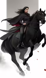a woman riding on the back of a black horse