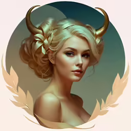 a young blonde woman with big horns and her hair curled back