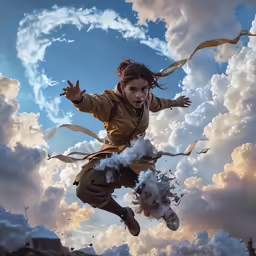 a boy is floating through the sky on his feet