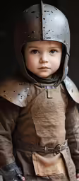a toddler in a medieval outfit is looking directly ahead