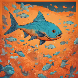an illustration of a fish is surrounded by smaller fishes,a fish swimming in a sea of orange water