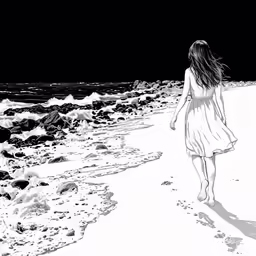 black and white image of woman walking along the shore line