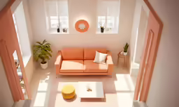 a modern living room with orange couch and window